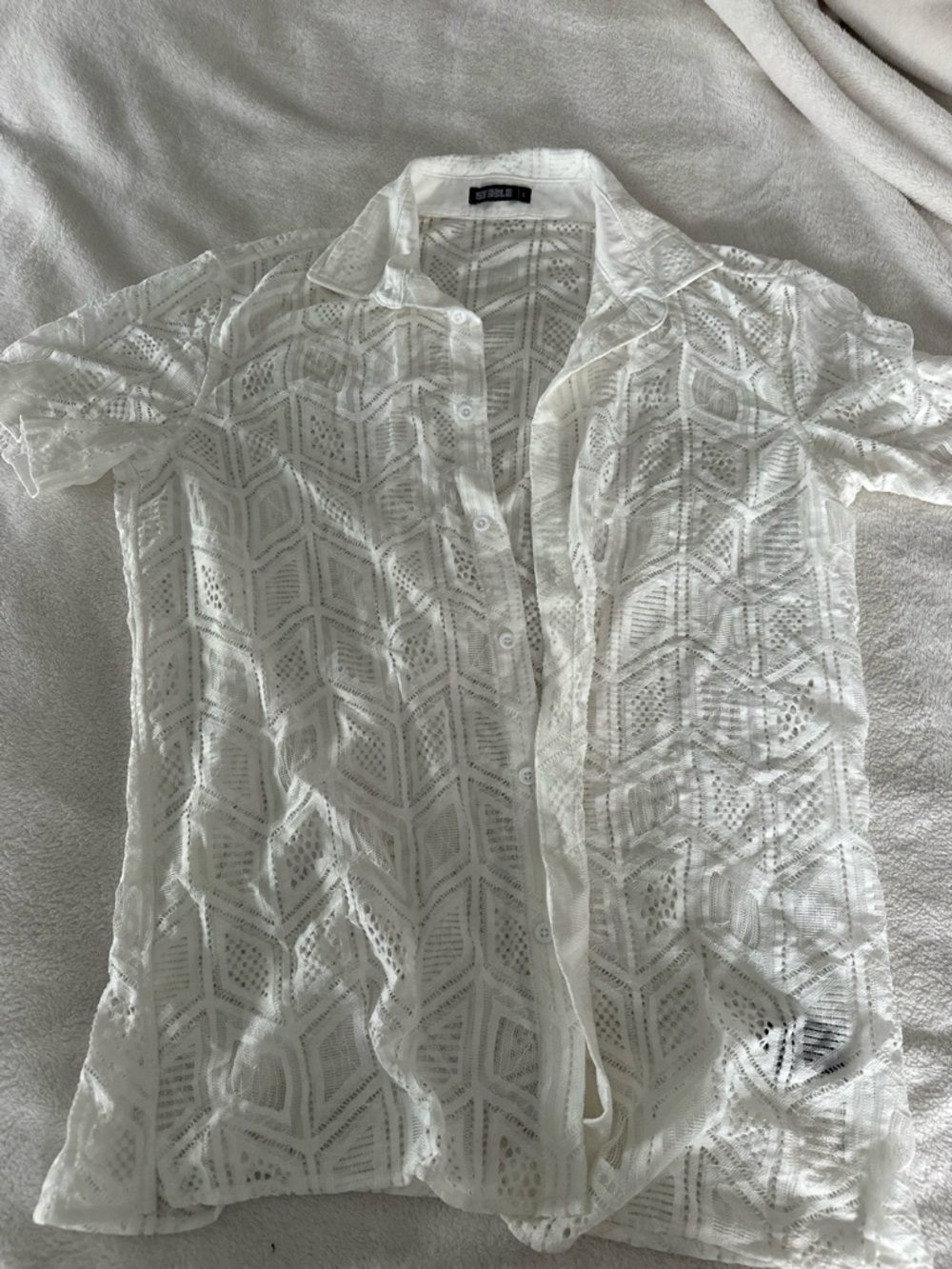 Men's White Eyelet Button-Up Shirt